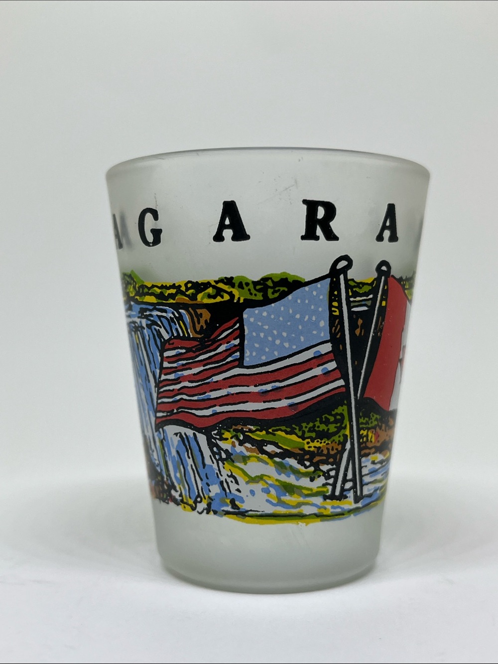 Frosted Glass Niagara FallsShot Glass with USA and Canada Flags - White/Red/Blue - Picture 3 of 6